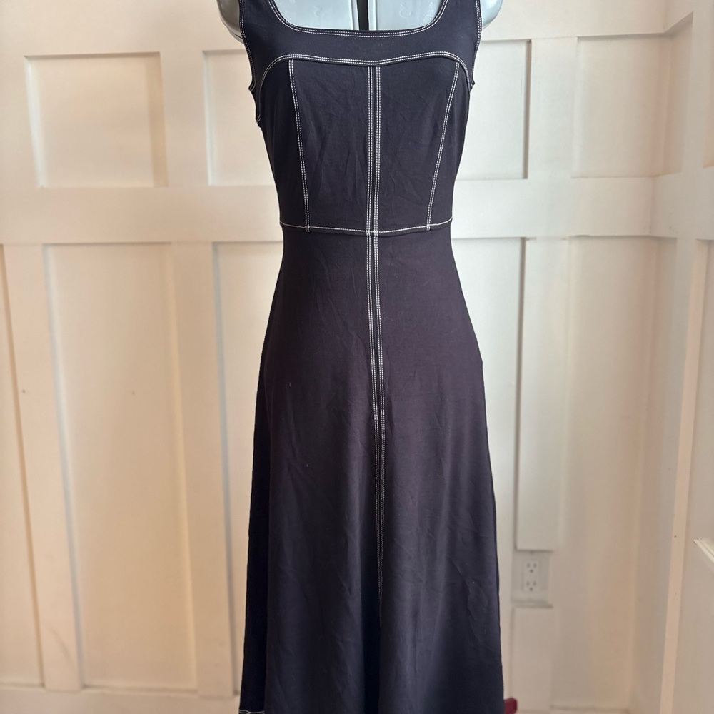 LOFT Black Midi Tank Dress with White Contrast‎ Stitching Classic Coastal 2 - Picture 5 of 12